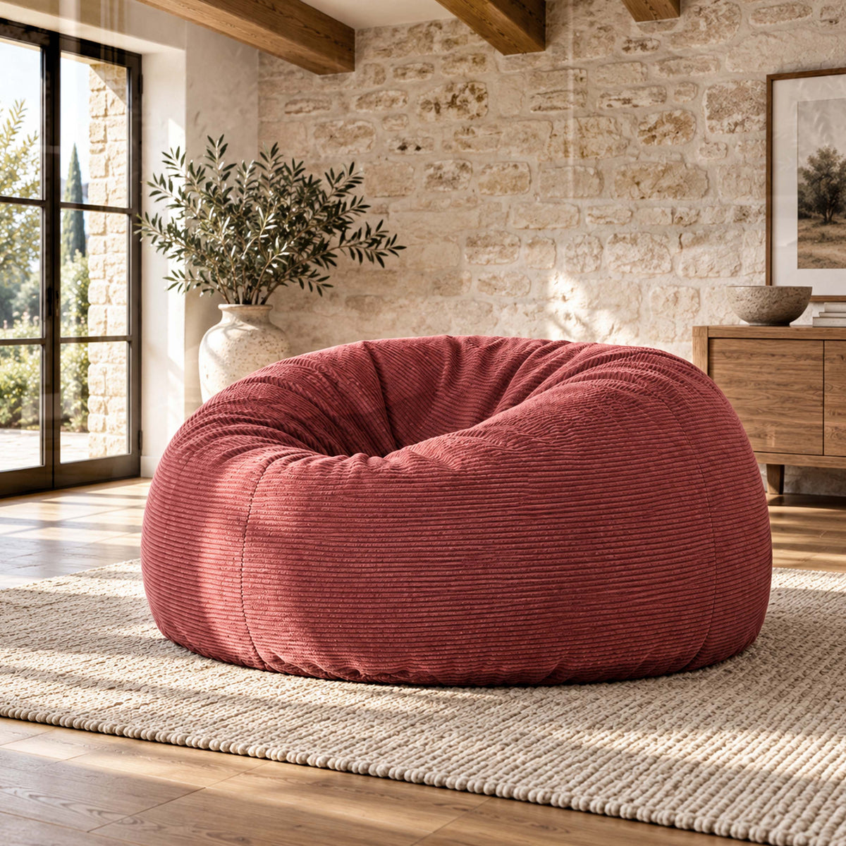 Pouf Géant Rond XXL Velours Côtelé Terracotta, assise XXL déhoussable en velours côtelé pour salon moderne