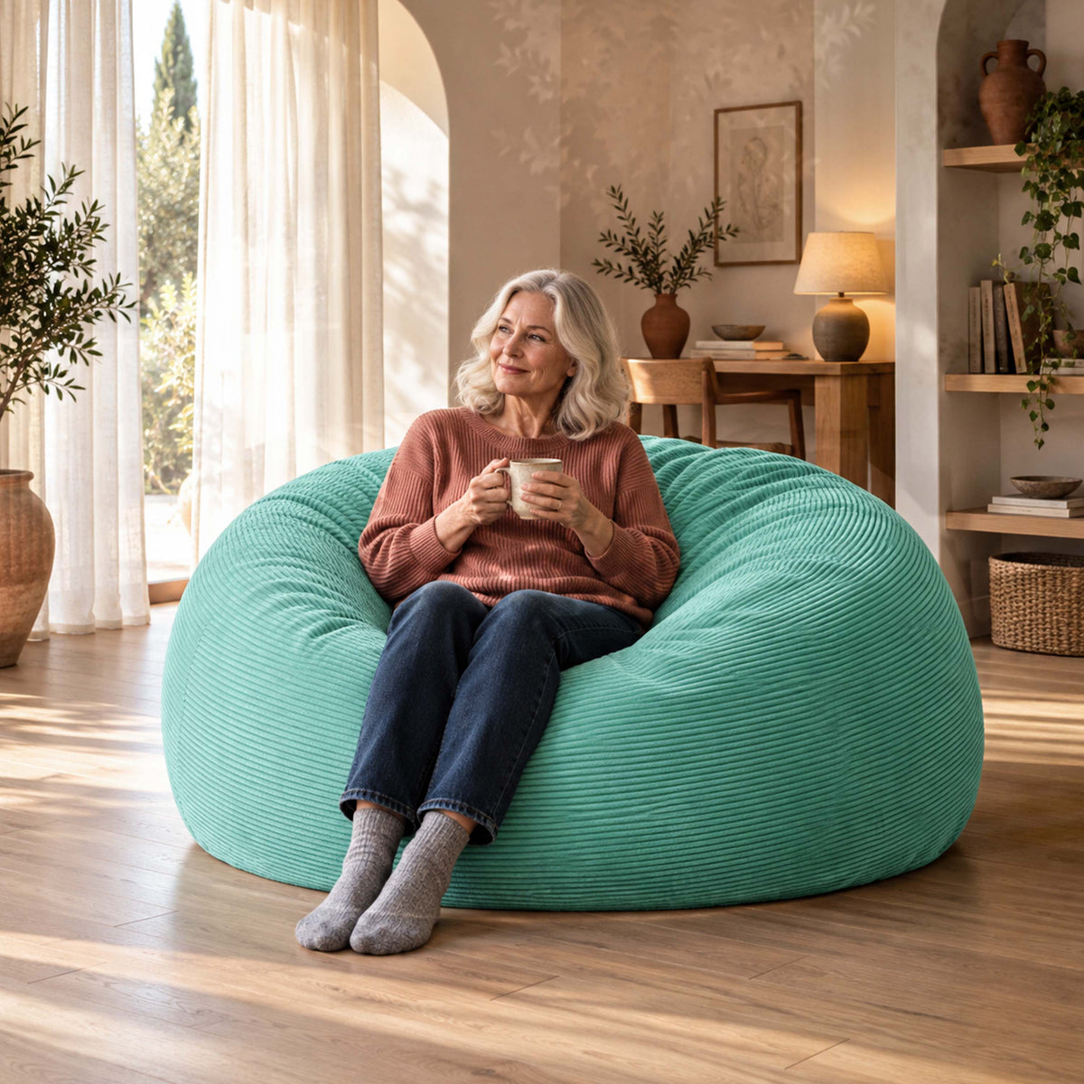 Pouf Géant Rond XXL Velours Côtelé Turquoise : pouf XXL en velours côtelé turquoise, grand siège pour salon, vue en intérieur