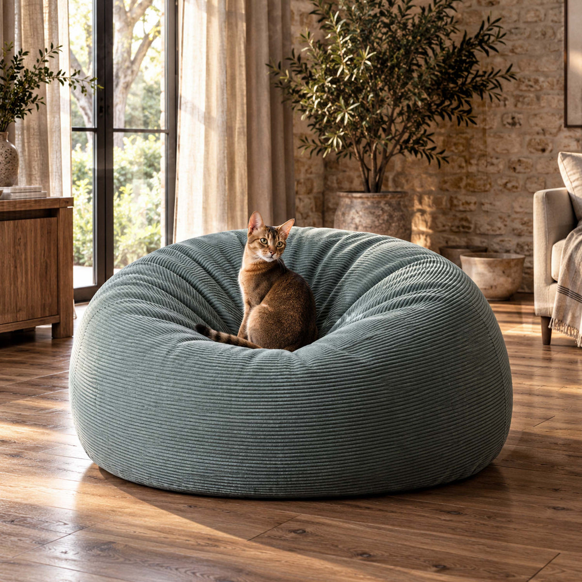 Pouf Géant Rond XXL Velours Côtelé Vert gris, XXL en velours côtelé pour assise canapé, fauteuil poire pour intérieur (chat)