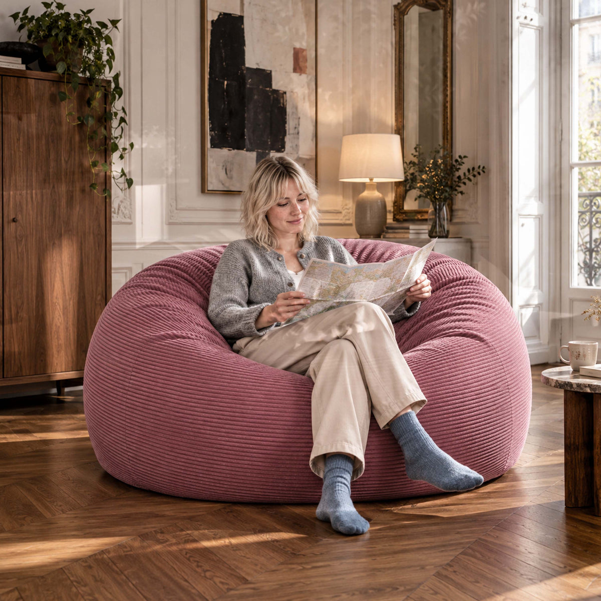 Pouf Géant Rond XXL Velours Côtelé Vieux rose TiTAN XXL, assise confortable en velours côtelé, photo en salon