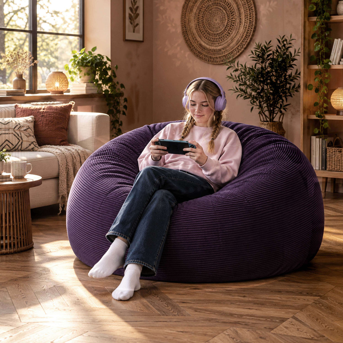 Pouf Géant Rond XXL Velours Côtelé Violet aubergine, canapé XXL en velours côtelé, billes haute densité, housse déhoussable