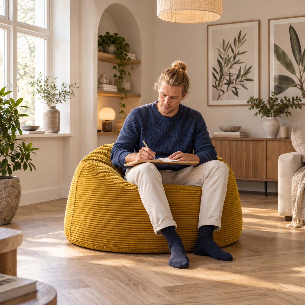 Pouf Géant Rond XL Velours Côtelé Jaune moutarde TiTAN S, pouf fauteuil rond XL en velours côtelé moutarde, salon lumineux