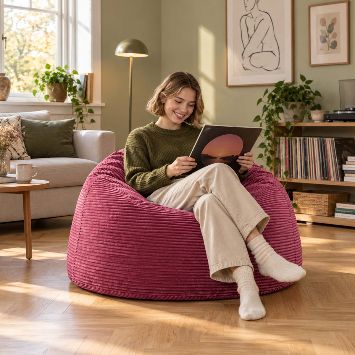 Pouf Géant Rond XL Velours Côtelé Rose : grande assise ronde XXL en velours côtelé, confort pour salon moderne.