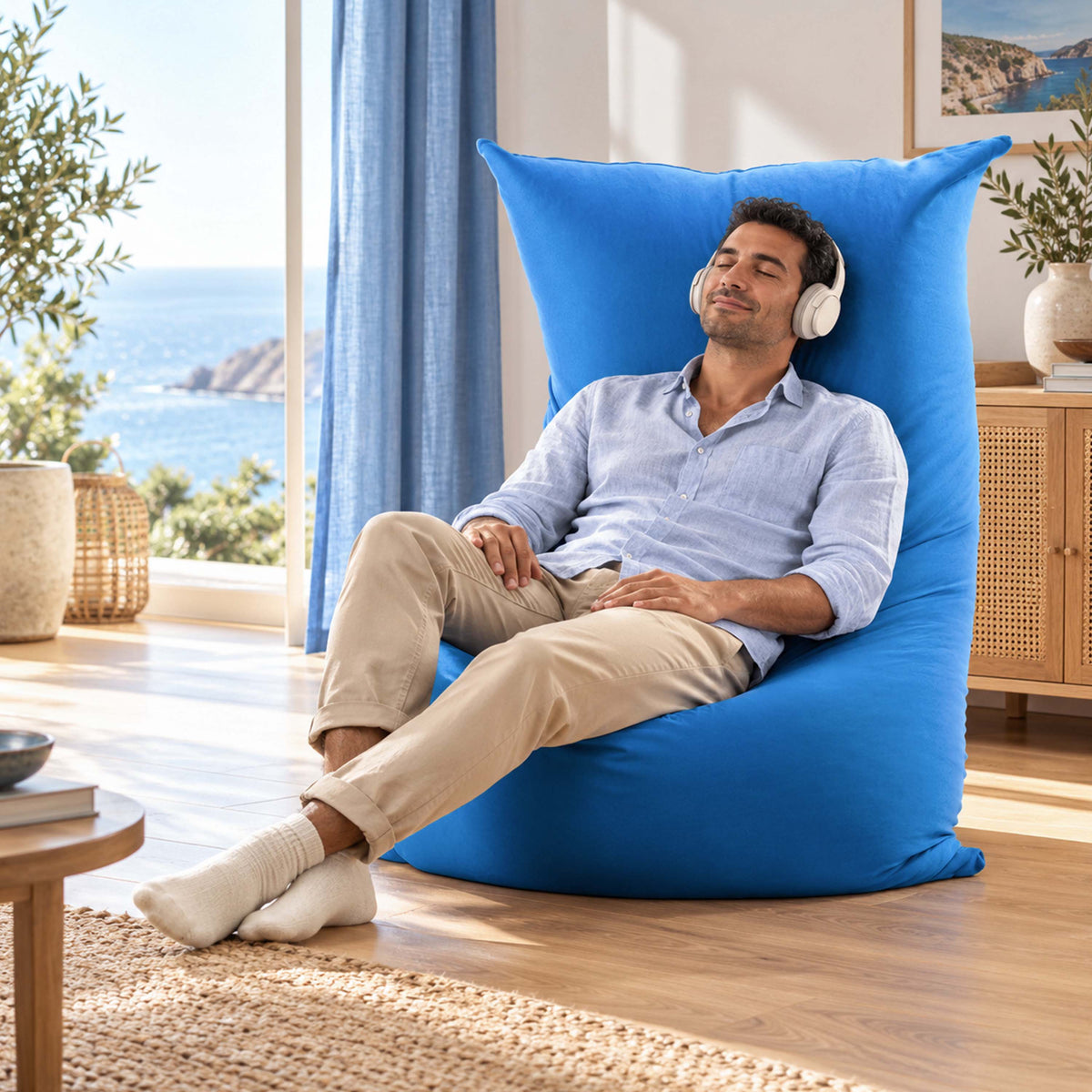 pouf géant stretch bleu déhoussable, homme relaxant sur un pouf géant intérieur bleu en tissu ultra souple