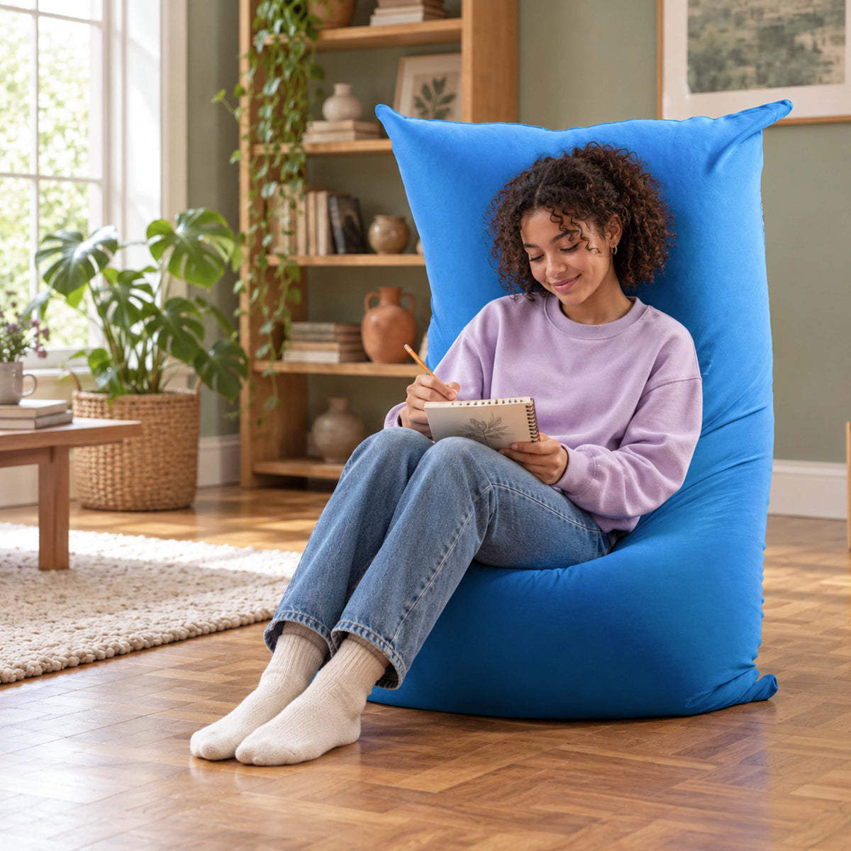 pouf géant stretch bleu déhoussable, assise intérieur cosy en tissu souple, grand fauteuil bean bag pour salon et chambre