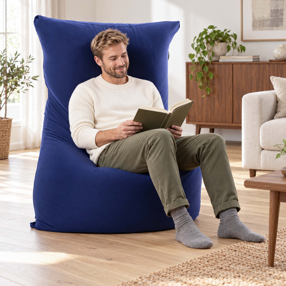 Pouf géant intérieur stretch bleu marine déhoussable : fauteuil XXL bleu marine en tissu extensible pour salon ou chambre