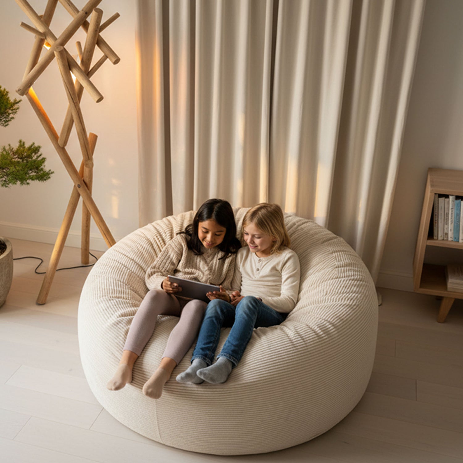 Giant Round Pouf XXL Corduroy Velvet Beige