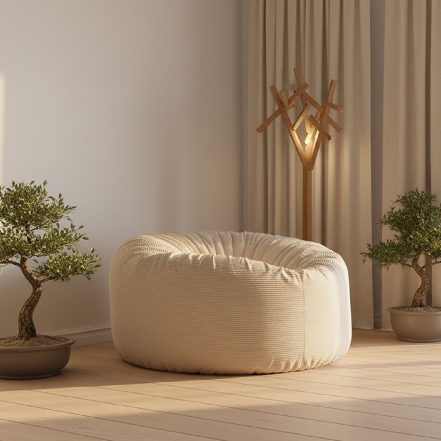 Giant Round Pouf XXL Corduroy Velvet Beige