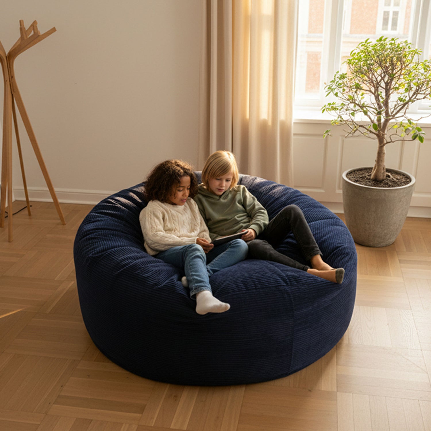 Pouf Géant Rond XXL Velours Côtelé Bleu Marine