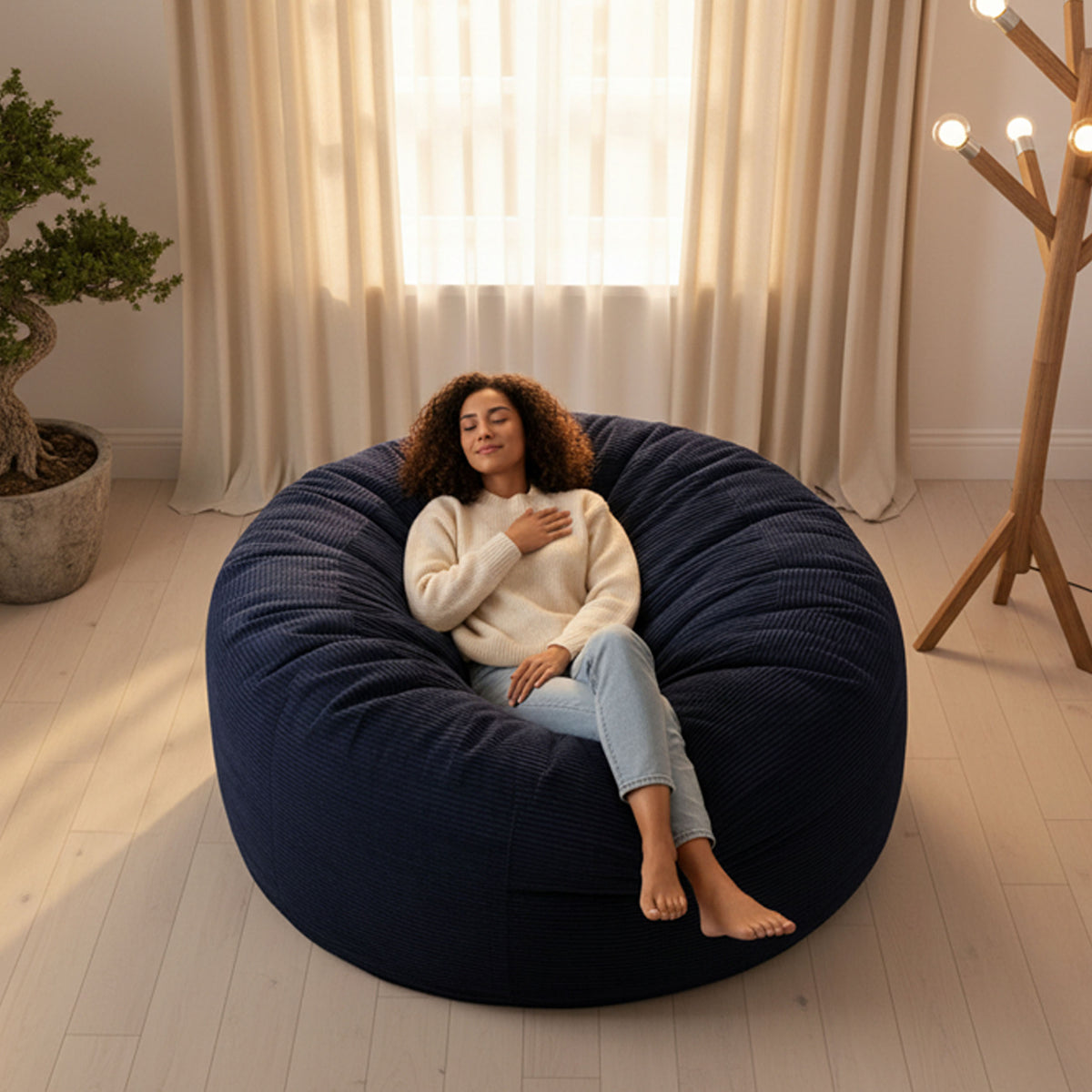 Pouf Géant Rond XXL Velours Côtelé Bleu Marine, grand fauteuil XXL en velours côtelé bleu marine