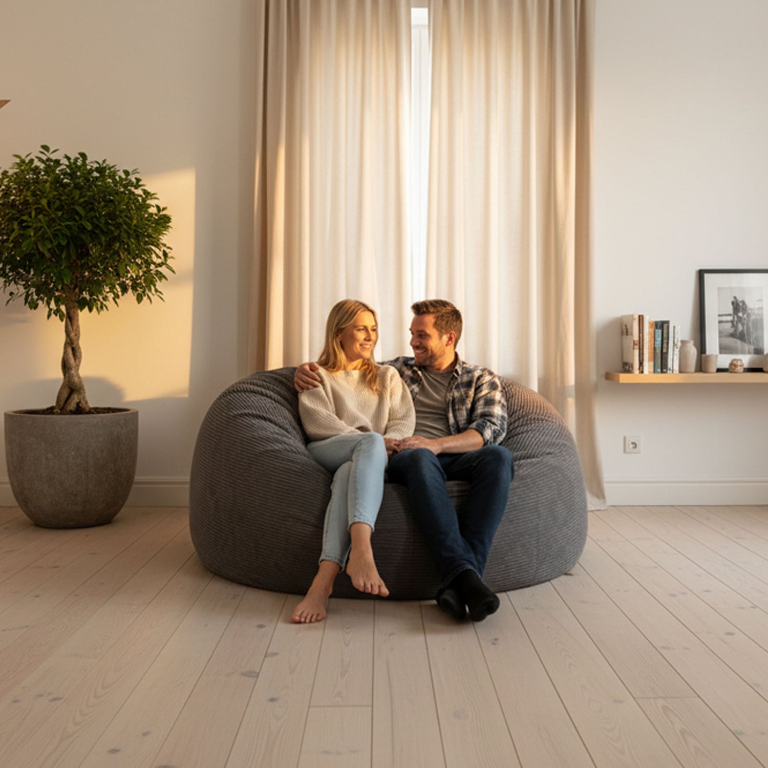 Pouf Géant Rond XXL Velours Côtelé Gris