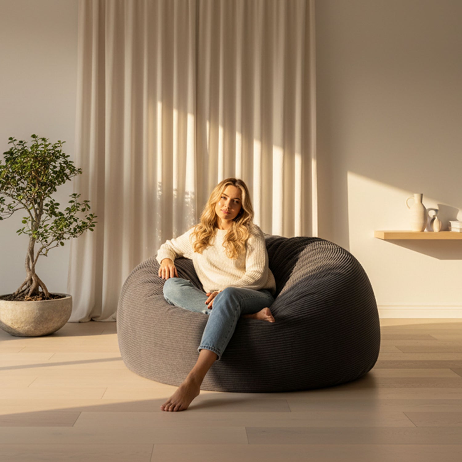 Giant Round Pouf XXL Corduroy Velvet Gray