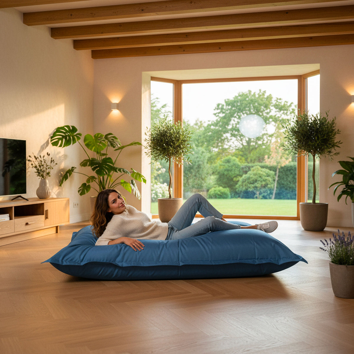 Pouf Géant XXL Bleu Canard BiG52 Classic : grande assise bleu canard en intérieur, confort XXL pour détente