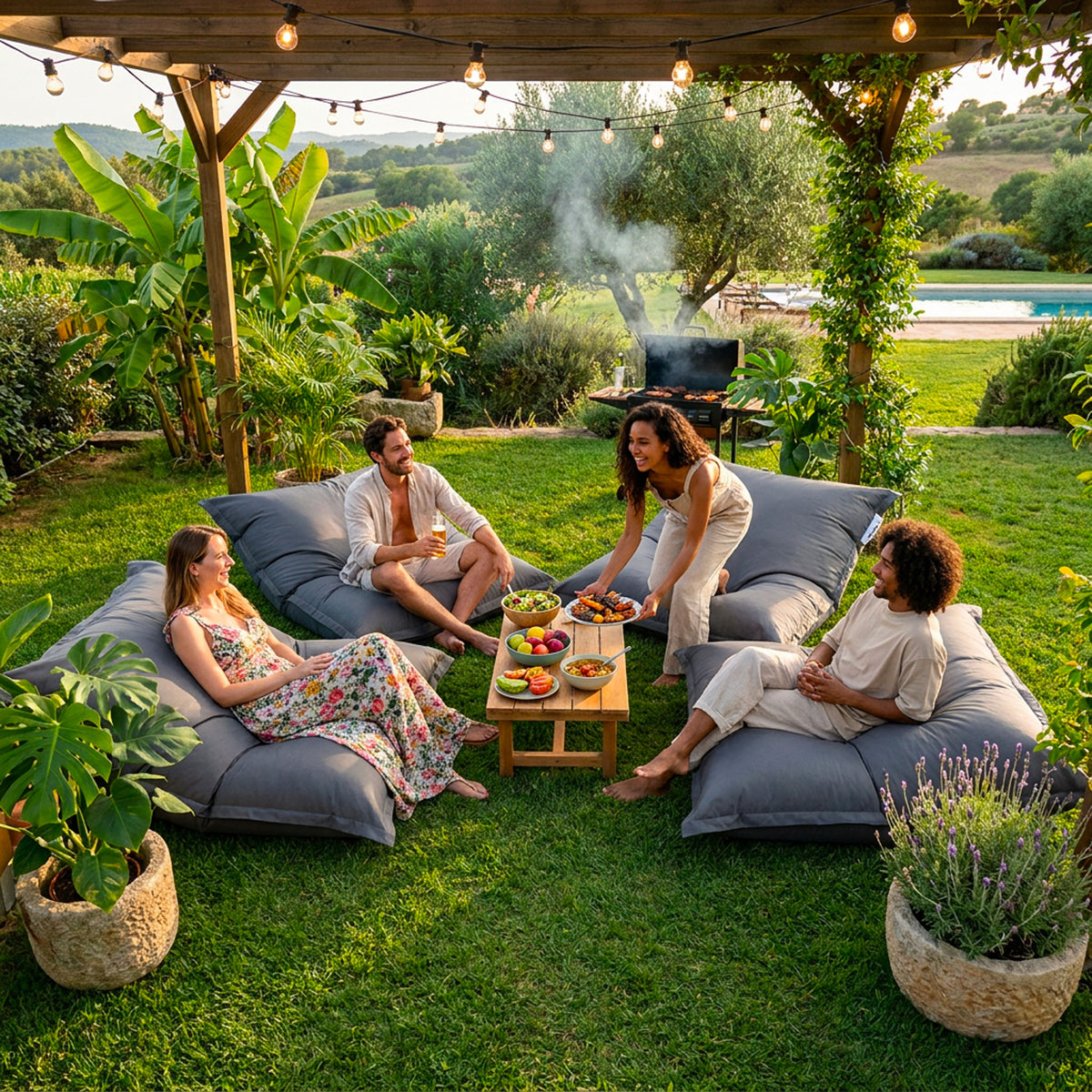 Pouf Géant XXL Anthracite BiG52 Classic, grand pouf d’extérieur pour jardin, assises confortables avec famille au BBQ
