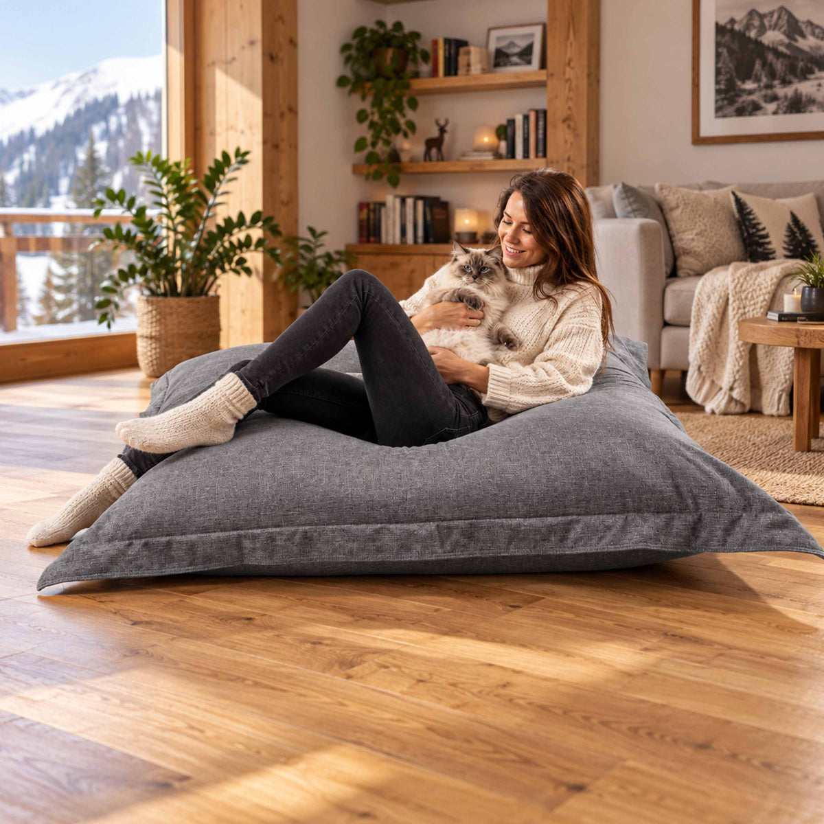 Pouf Lin Gris Foncé cocooning intérieur en lin 170x130cm, canapé cosy avec coussins et chat