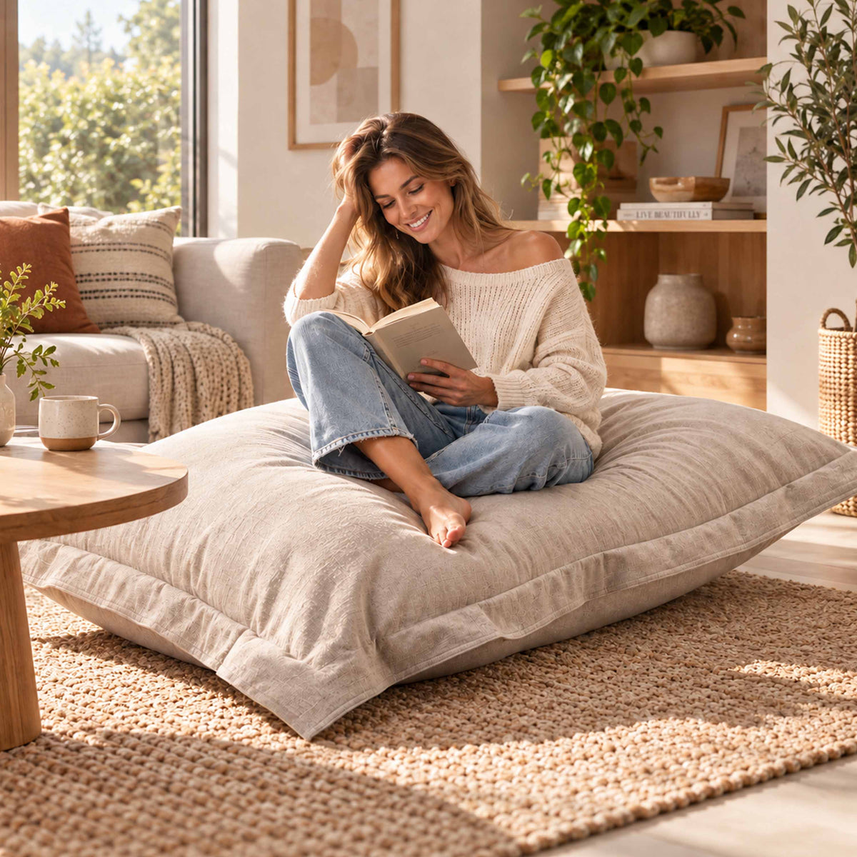 Pouf Lin Beige intérieur cocooning en lin, coussin XXL 170x130cm pour lecture et détente
