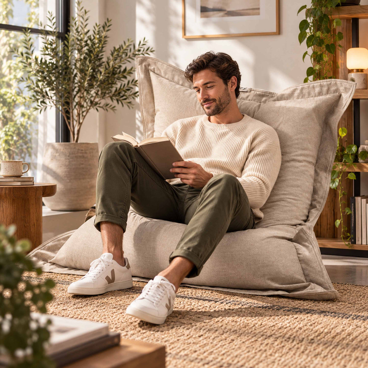 Pouf Lin Beige en lin cocooning pour intérieur 170x130cm : homme lisant sur pouf beige