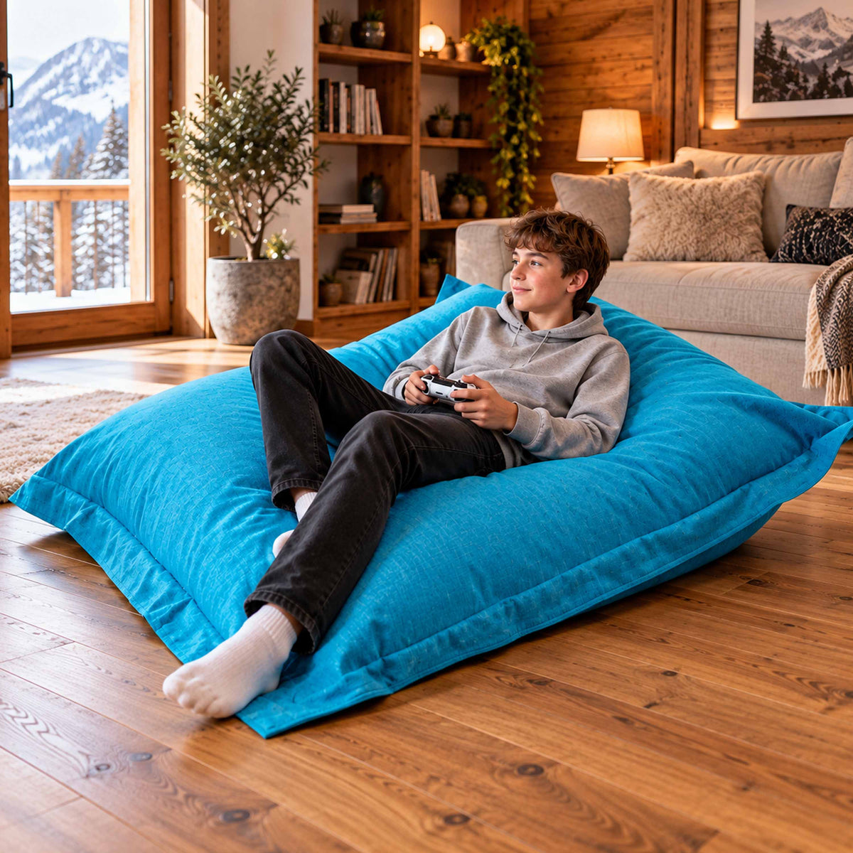 Pouf Lin Bleu Turquoise en lin cocooning pour intérieur 170x130cm, grand assise déhoussable, détente près du canapé