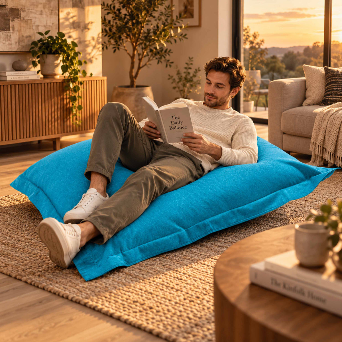 Pouf Lin Bleu Turquoise en lin cocooning, assis lisant sur un pouf intérieur bleu turquoise 170x130cm