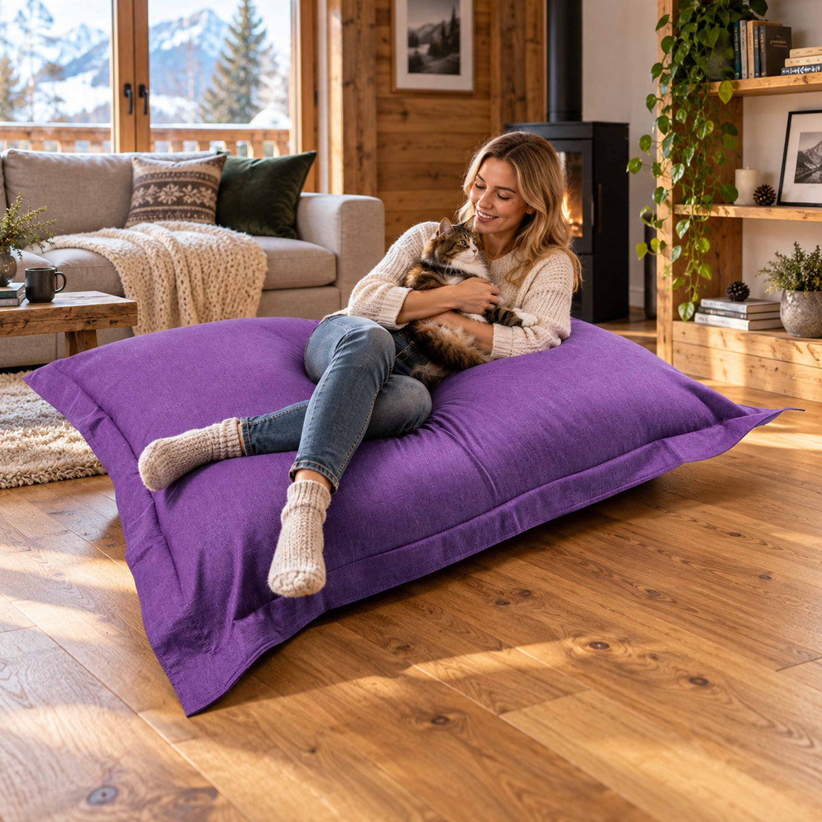 Pouf Lin Violet cocooning intérieur en lin 170x130cm, détente au salon avec femme et chat