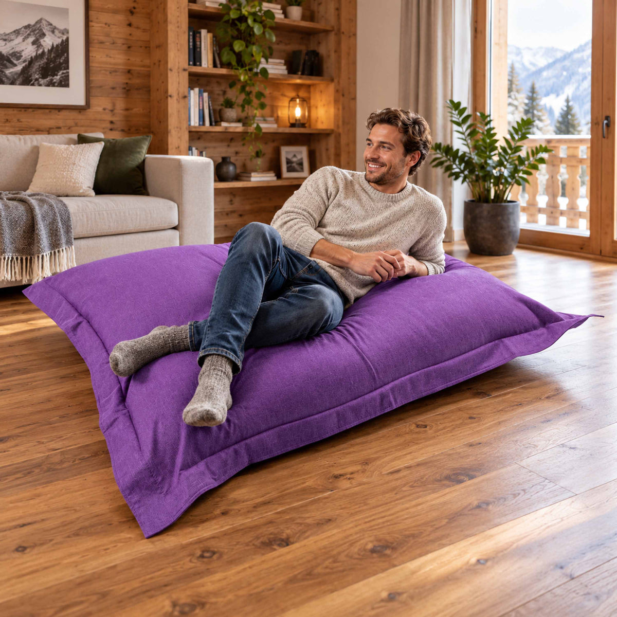Pouf Lin Violet intérieur cocooning en lin 170x130cm, assise détente dans un salon chaleureux