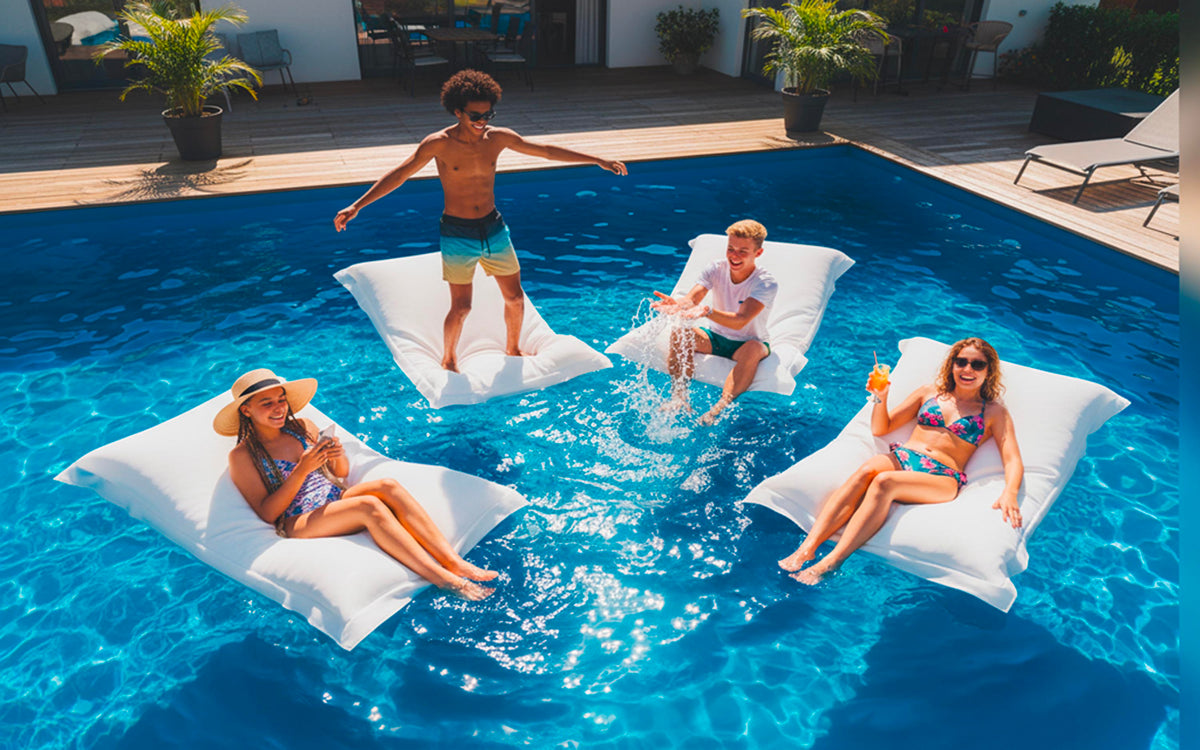Pouf Piscine Blanc BiG52 POOL déhoussable flottant avec billes de polystyrène XXL, coussins pour détente en piscine