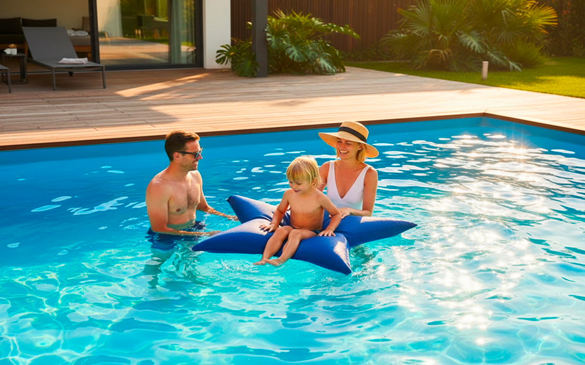Pouf Piscine, Étoile de Mer Bleu : famille sur un pouf étoile de mer dans la piscine, design océan et confort extérieur