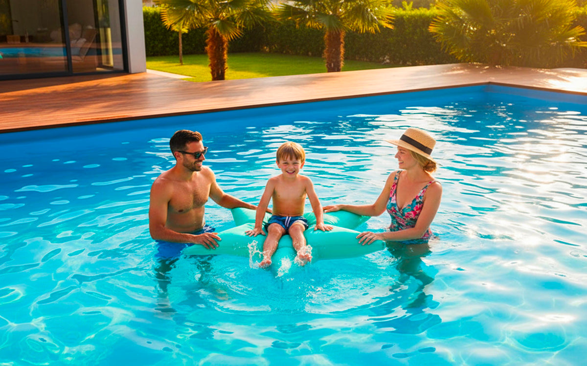 Pouf Piscine, Étoile de Mer Bleu Turquoise : famille dans la piscine avec le pouf en forme d’étoile de mer.