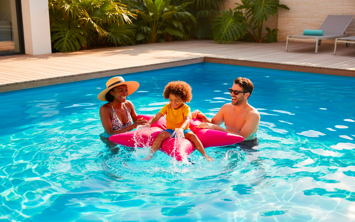 Pouf Piscine, Étoile de Mer Rose : pouf en forme d’étoile de mer pour piscine et terrasse, avec famille nageuse en été