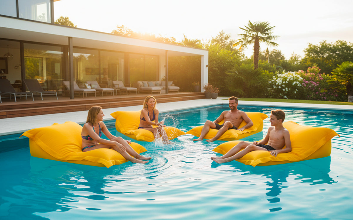 Pouf Piscine Jaune BiG52 POOL XXL déhoussable flottant à billes de polystyrène, salon piscine en extérieur