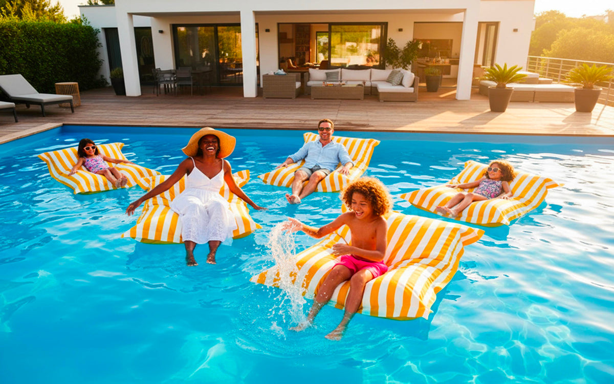 Pouf Piscine Jaune Rayé Deauville : grand pouf rayé jaune pour baignade et détente au bord de la piscine