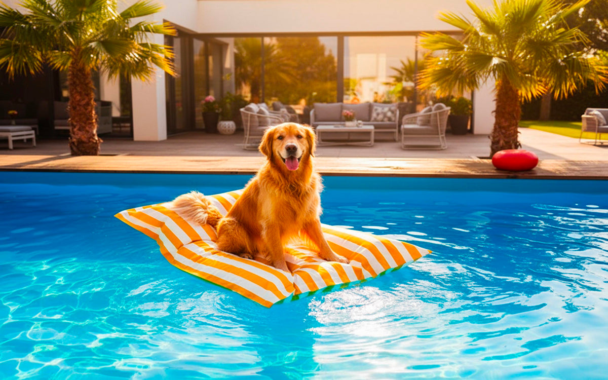Pouf Piscine Jaune Rayé Deauville, grand pouf rayé jaune dans piscine extérieure ensoleillée avec chien