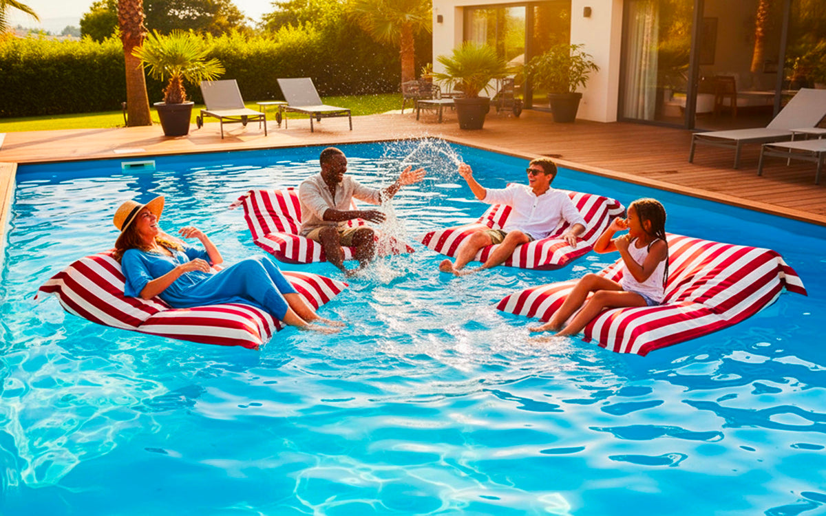 Pouf Piscine Rouge Rayé Deauville : pouf géant rayé rouge et blanc pour se détendre dans la piscine en famille