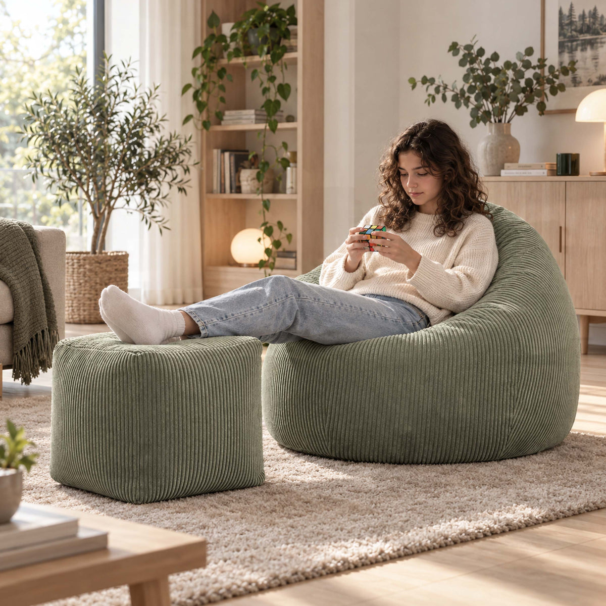 Pouf Cube Velours Côtelé Vert Sauge, pouf d’appoint en velours côtelé, repose-pieds, déco salon chaleureuse