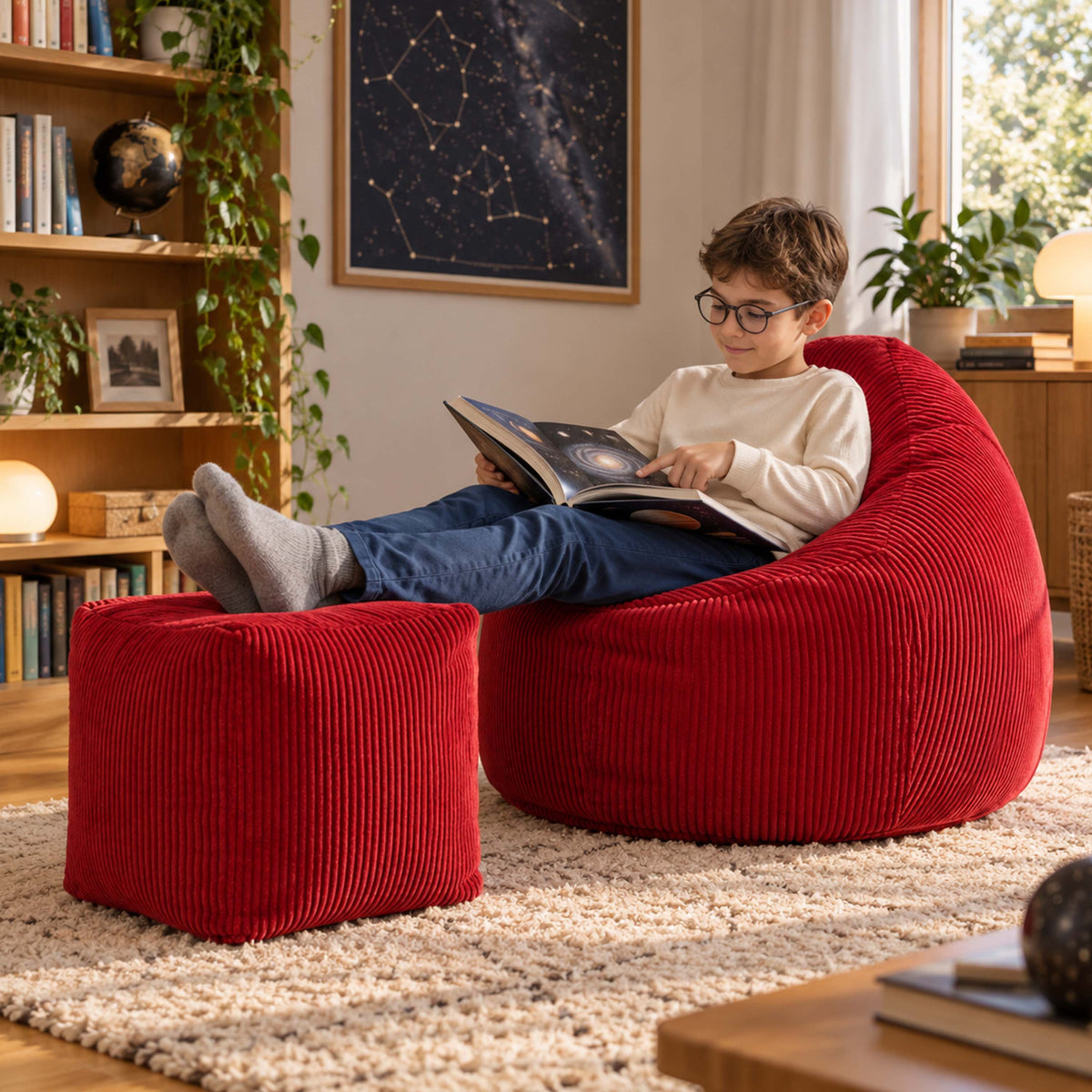 Pouf Poire Velours Côtelé Rouge : enfant lisant dans un pouf poire rouge en velours côtelé, salon cosy