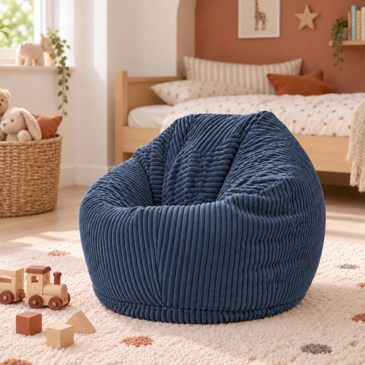 Pouf Poire Enfant Velours Côtelé Bleu denim, fauteuil confortable pour enfant en tissu velours côtelé bleu dans chambre