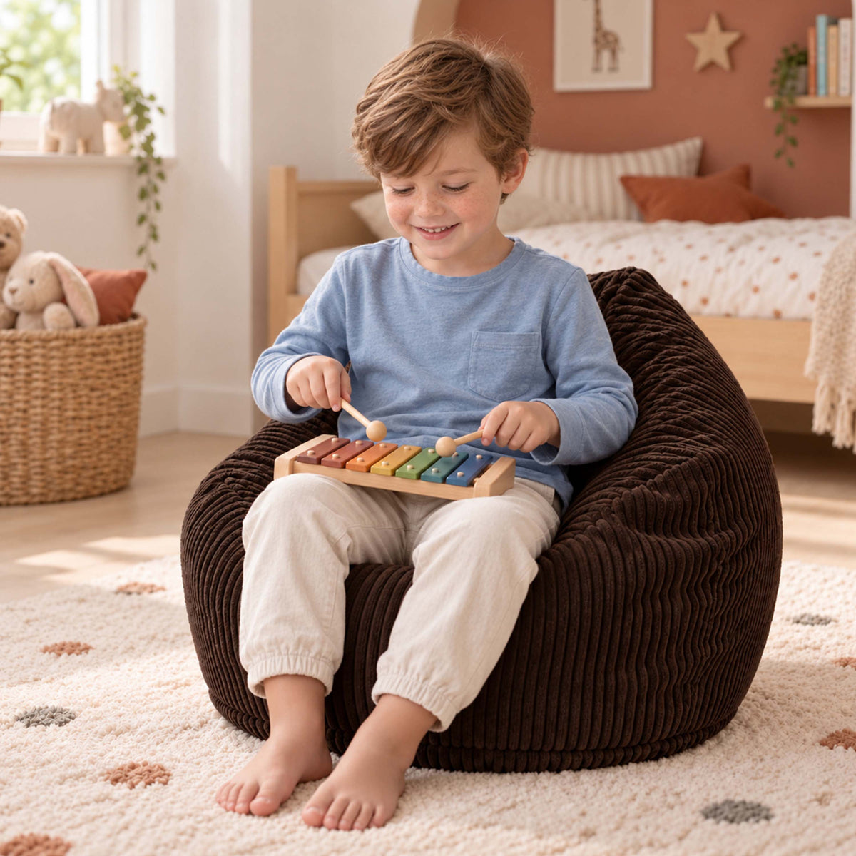 Pouf Poire Enfant Velours Côtelé Brun espresso, pouf poire velours enfant, enfant assis jouant dans la chambre