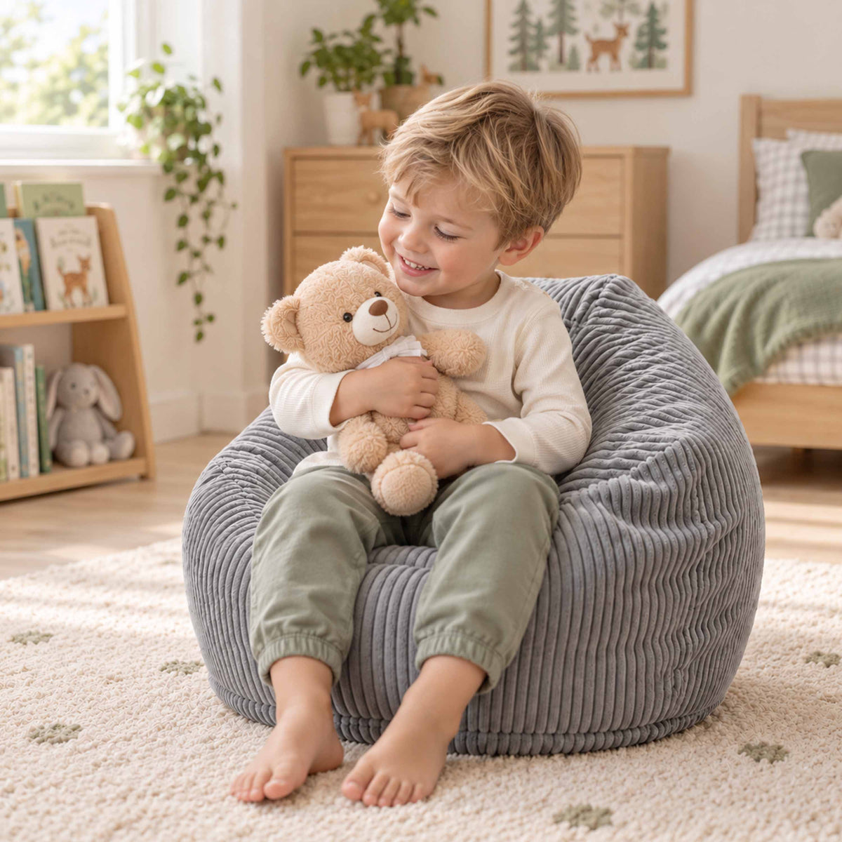 Pouf Poire Enfant Velours Côtelé Gris : enfant assis confortablement sur un pouf poire gris à la maison, câlin avec un doudou