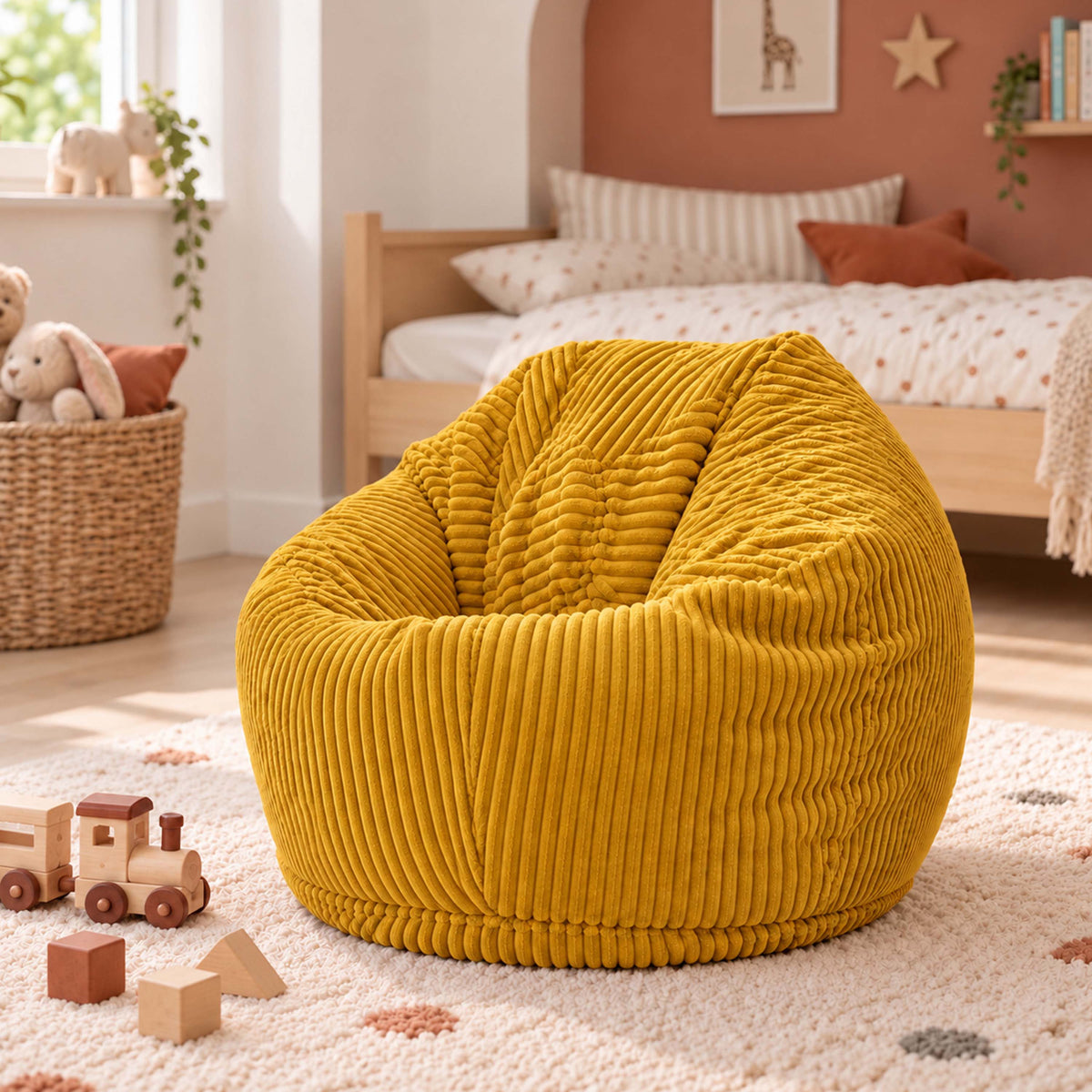 Pouf Poire Enfant Velours Côtelé Jaune moutarde : pouf poire velours enfant côtelé jaune, confort pour jeux et lecture