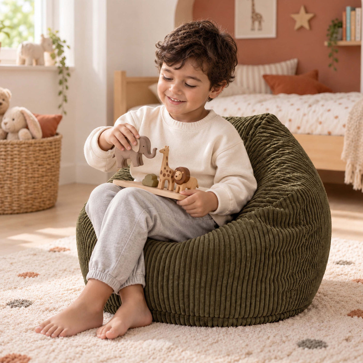 Pouf Poire Enfant Velours Côtelé Kaki foncé : pouf poire velours côtelé enfant pour jouer et se détendre, bébé sur fauteuil