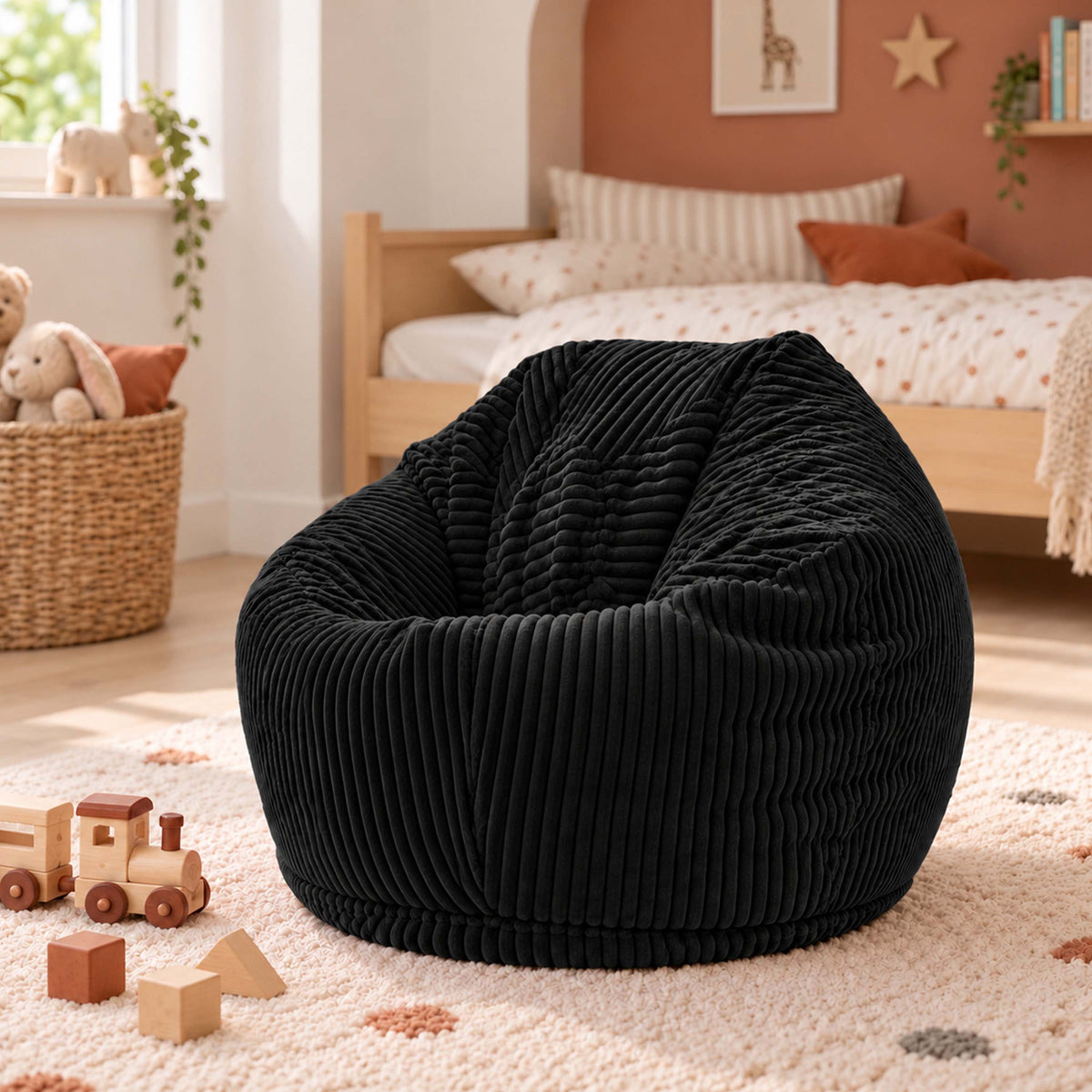 Pouf Poire Enfant Velours Côtelé Noir en velours côtelé noir, assise enfant moelleuse pour lecture et jeux vidéo