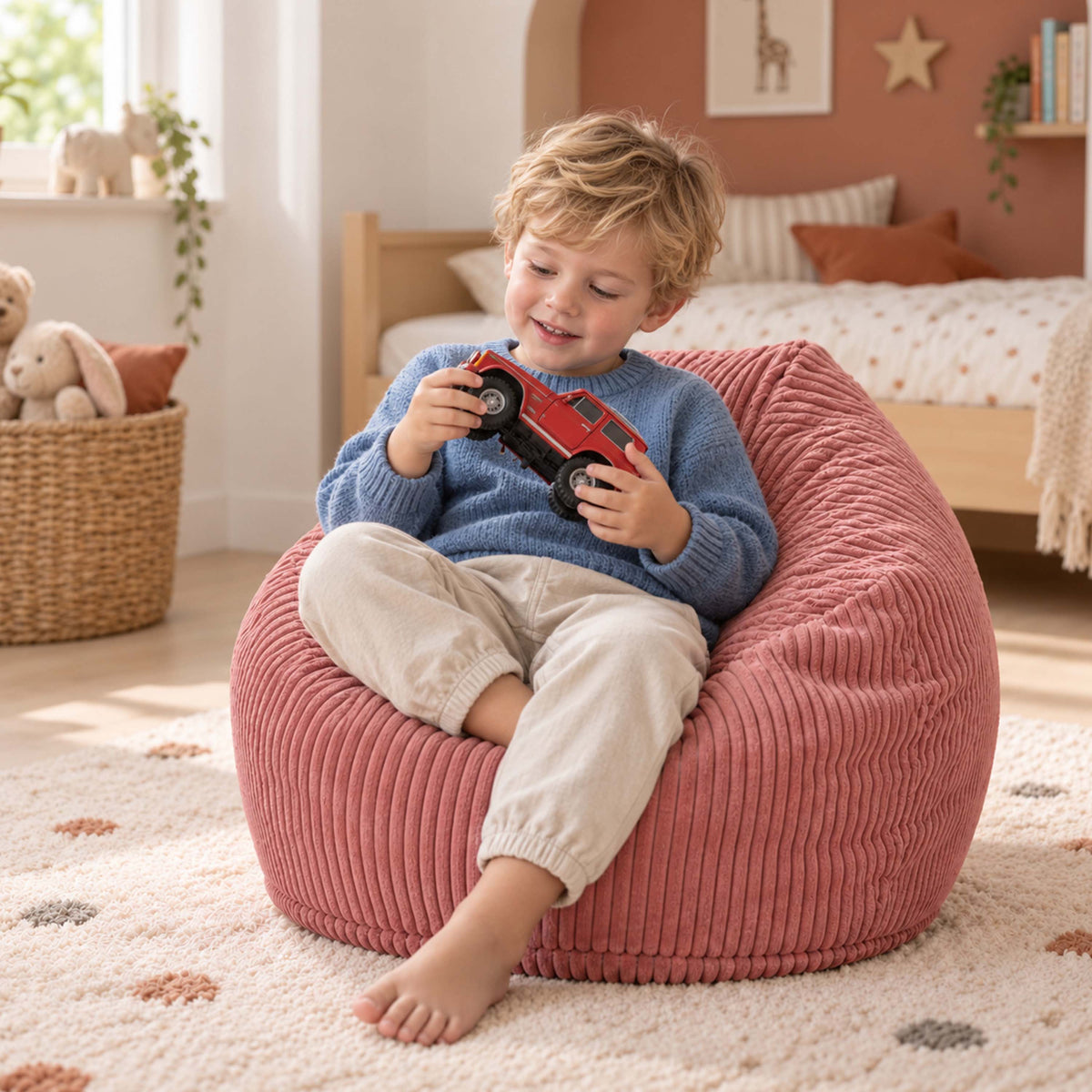 Pouf Poire Enfant Velours Côtelé Rose poudré chaud, pouf poire velours enfant pour jouer et lire en chambre