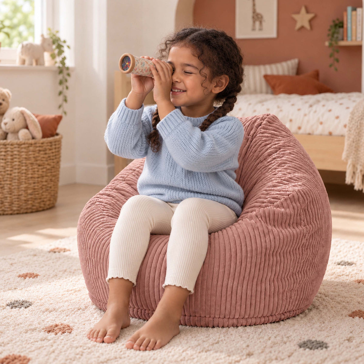 Pouf Poire Enfant Velours Côtelé Rose poudré, enfant assis jouant et lisant dans la chambre