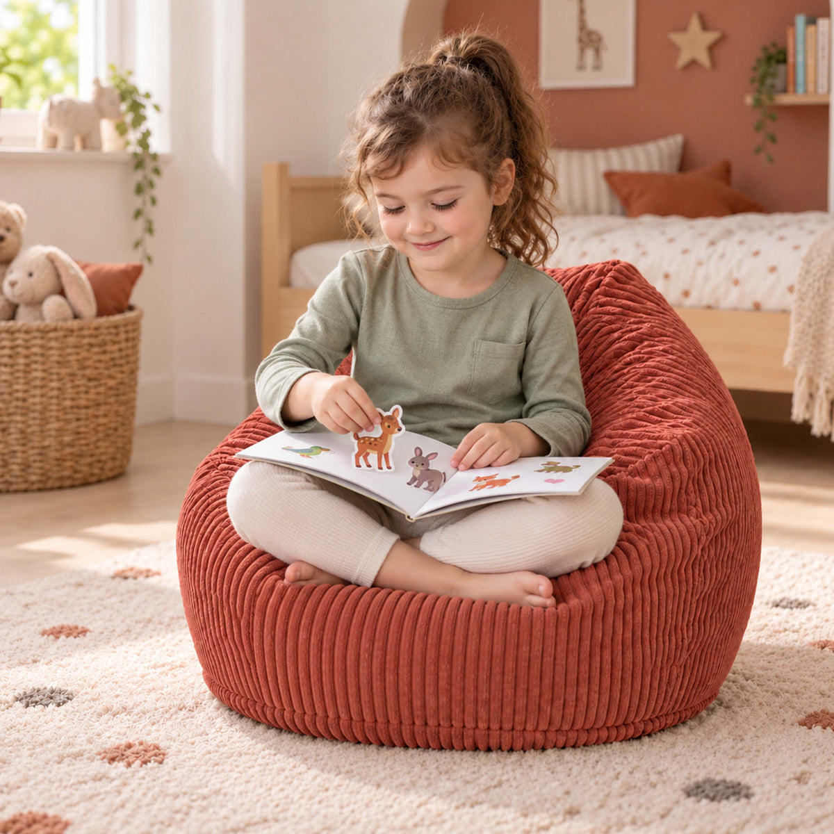 Pouf Poire Enfant Velours Côtelé Terracotta, pouf poire velours enfant, enfant lisant sur poire en velours côtelé terracotta