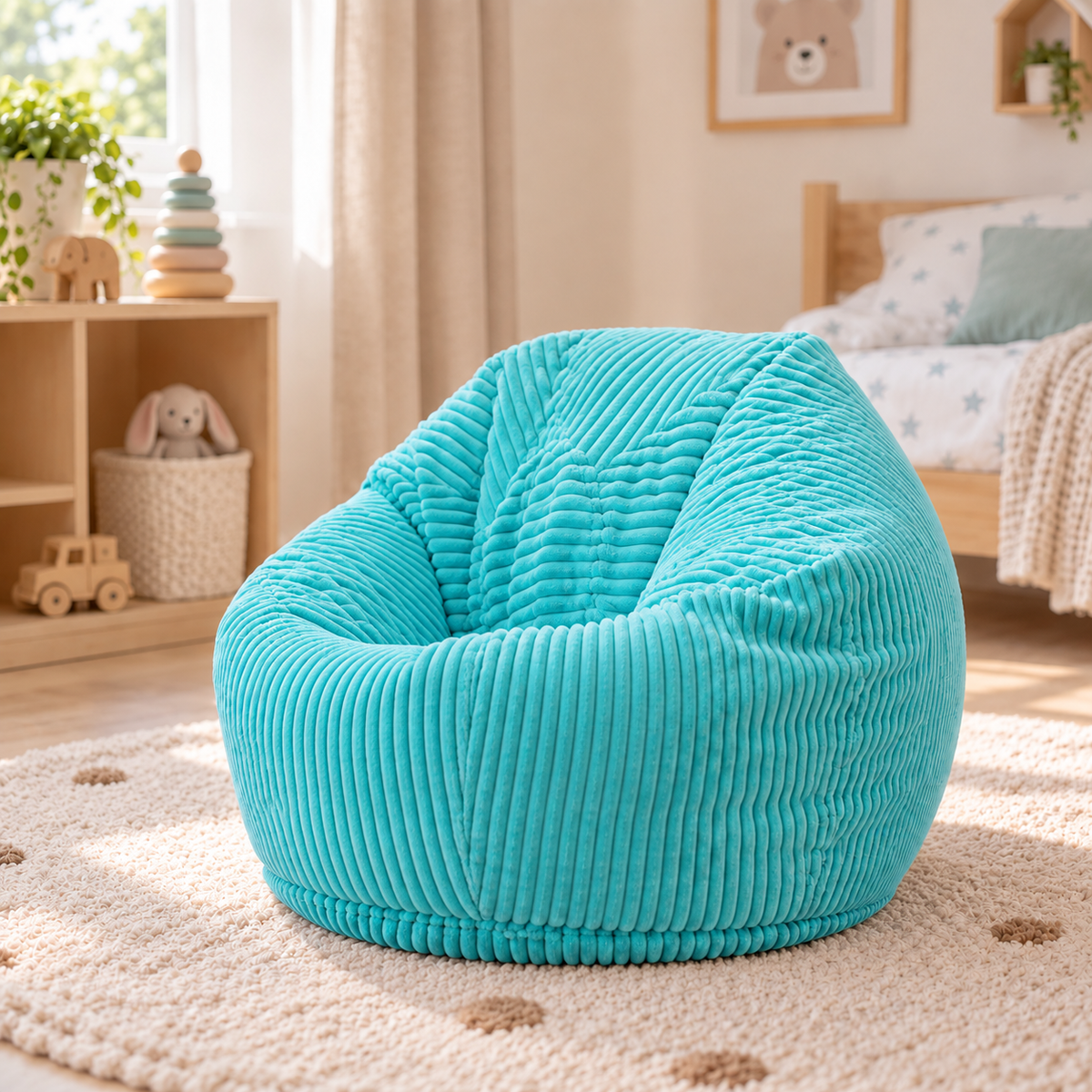 Pouf Poire Enfant Velours Côtelé Turquoise, pouf poire enfant bleu turquoise en velours côtelé, pour coin lecture et jeux