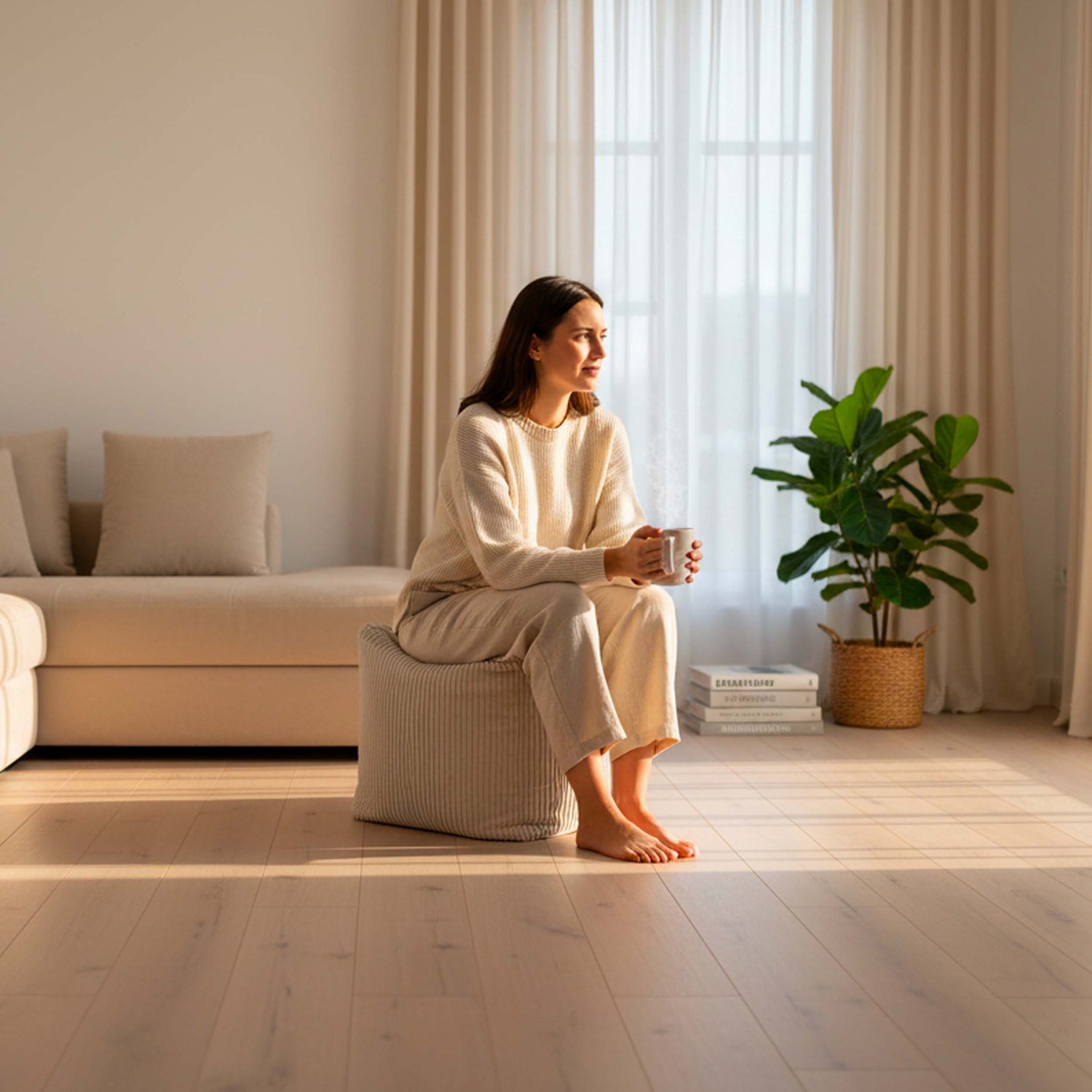 Samt-Cord Würfel-Pouf Beige