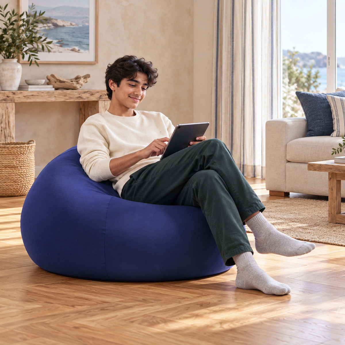 Pouf poire stretch bleu marine intérieur déhoussable, assise confortable en tissu ultra souple pour salon ou chambre