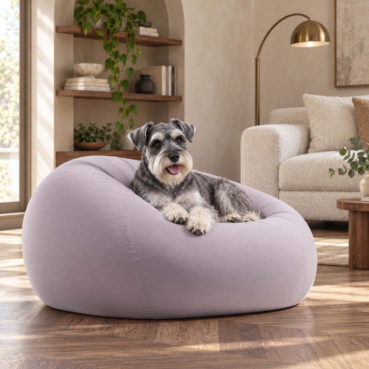 Pouf poire stretch taupe intérieur : grand pouf moelleux pour salon, avec chien détendu