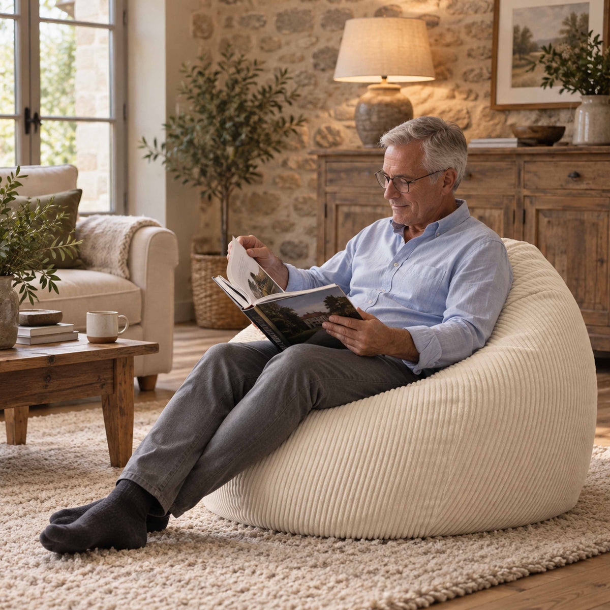 Pouf Poire Velours Côtelé Beige, assise confortable en velours côtelé beige pour lecture, installé dans un salon chaleureux