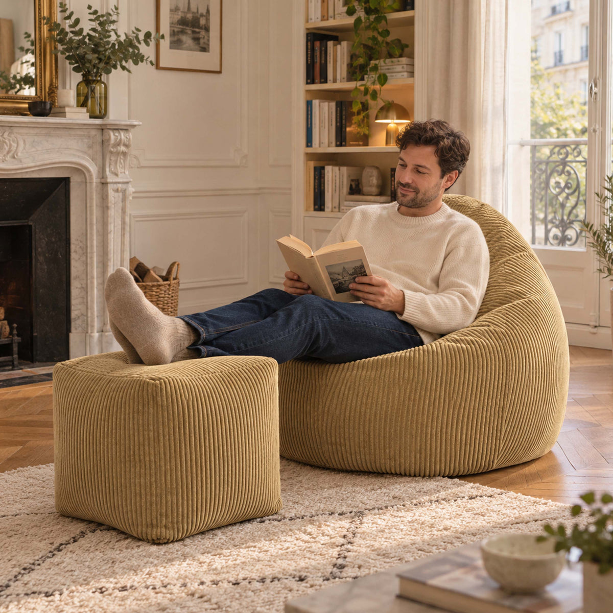 Pouf Poire Velours Côtelé Beige doré, fauteuil poire ergonomique en velours côtelé beige doré, décor salon chaleureux